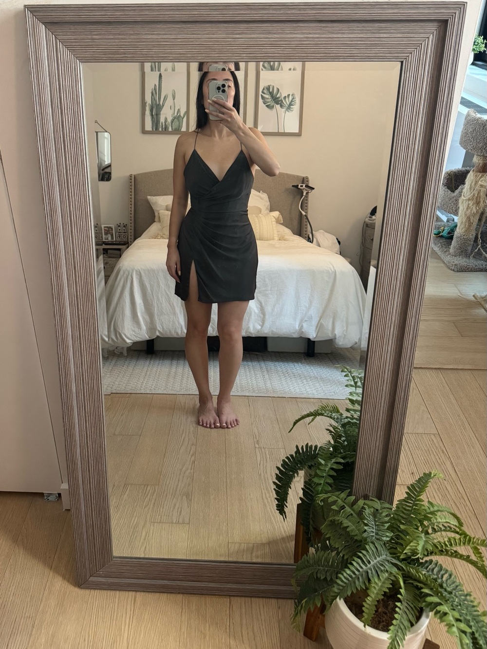 Tobi Black Spaghetti-Strap Wrap Mini Dress with Side Slit
